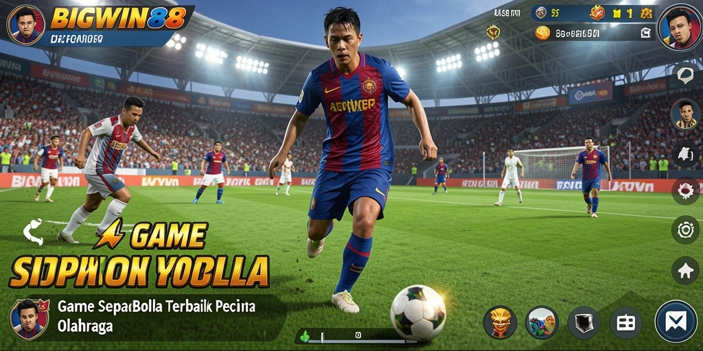 Screenshot game BIGWIN88 menampilkan aksi seru di lapangan sepak bola.