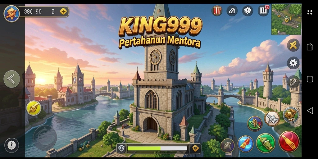 Screenshot KING999 menampilkan aksi pertahanan intens dalam permainan Tower Defense.