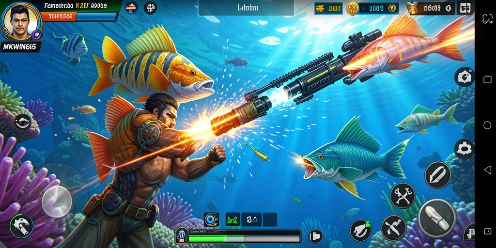 Tampilan gameplay dalam MKWIN666 dengan aksi menembak ikan yang seru.