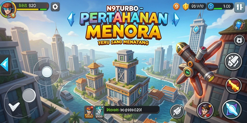 Tangkapan layar N9TURBO menampilkan aksi menara pertahanan melawan gelombang musuh.